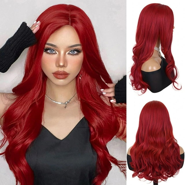 GNIMEGIL Peluca larga y rizada de 23 pulgadas en color rojo vivo, peluca de Ariel de hiedra venenosa con flequillo, pelucas sintéticas onduladas para mujer, disfraz de Halloween, juego de rol Drag Que