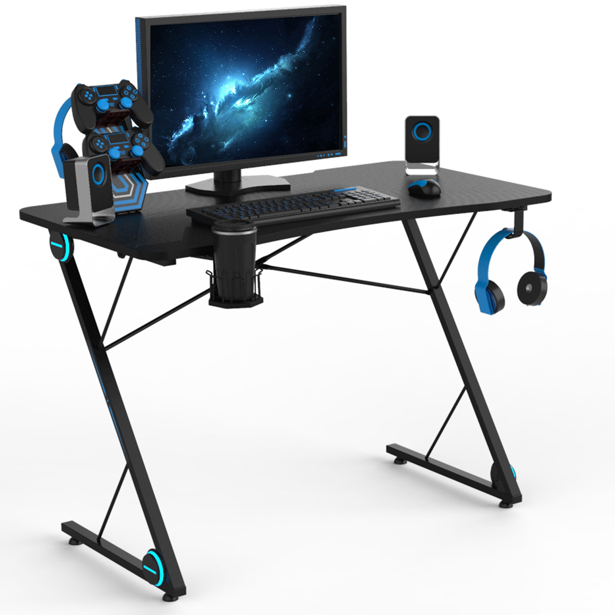 Z-shape Gaming Desk w/ LED Light PC Laptop Ergonomic Computer Table Racing Style 