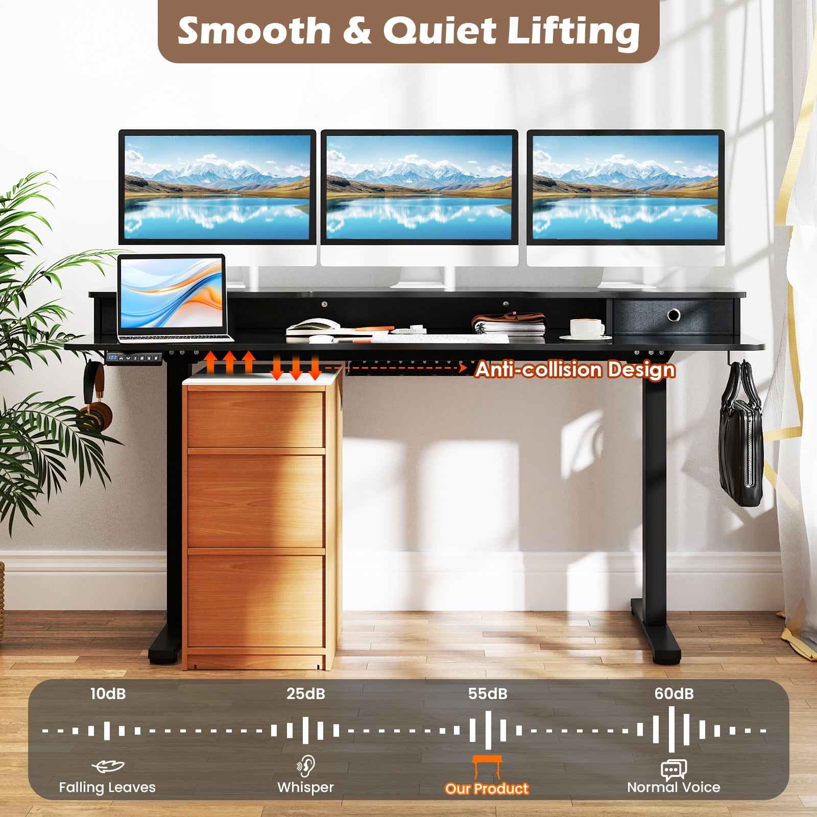 Topbuy 63" x 24" Standing Desk with Drawers Electric Stand-up Desk with Monitor Stand Black