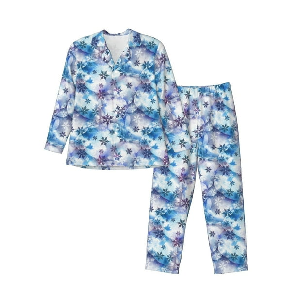 Fotbe Icy Blue Snowflakes Pijama de Hombre con Estampado de Manga Larga, Conjunto de 2 Piezas, Ropa de Dormir Suave y Cómoda con Bolsillos-Medium