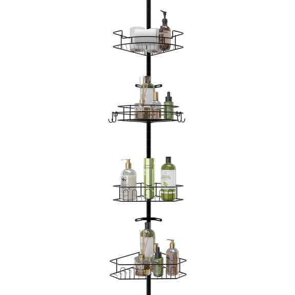 BISHE Corner Shower Caddy Tension Pole - 72-135 INCH - 4-Tier Rustproof Bathroom Organizer Shelves, Adjustable Bathtub Tub Shampoo Storage, Black
