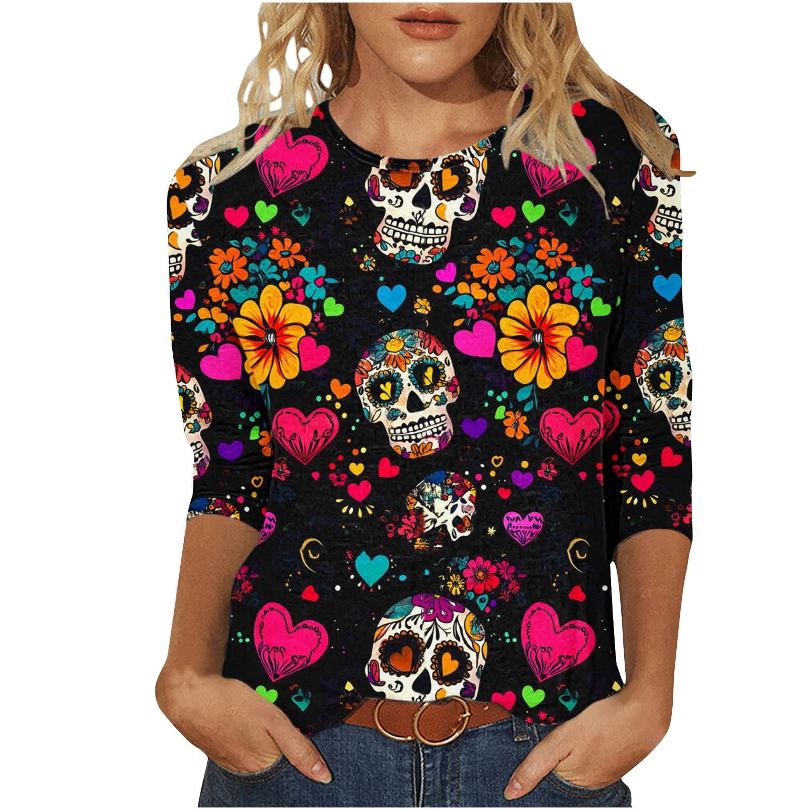 Women's Day of The Dead Print T-Shirt Crew Neck 3/4 Sleeve Loose Fit Mexican Skull Tee