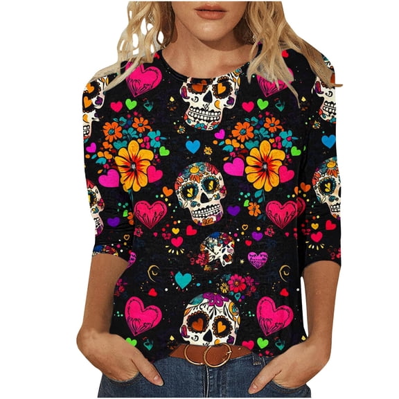 NuoCaiYun Long Sleeve Graphic Tee for Women, Ladies Day Of The Dead Printed Round Neck 3/4 Sleeve T-Shirt Loose Tops