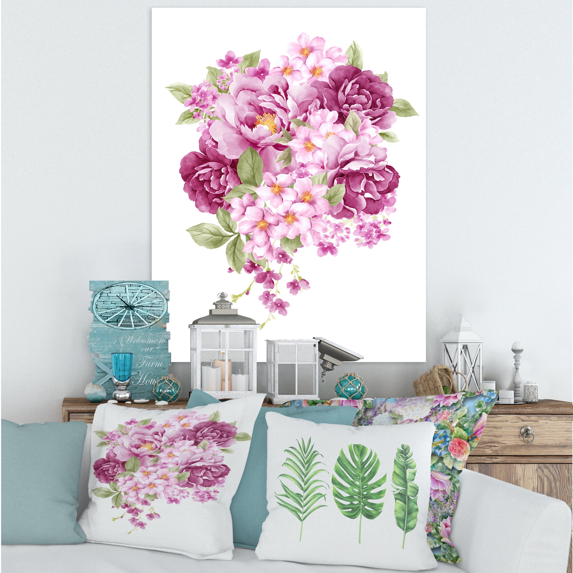 Bouquet Of Pink Retro Flowers 12 in x 8 in Painting Canvas Art Print, by Designart