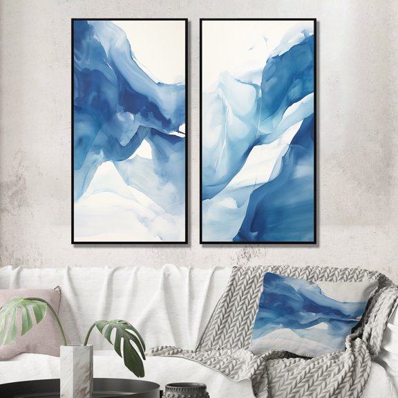Designart "Blue And White Flowing Aquarelle Clouds III" Abstract Painting Framed Wall Art Set Of 2 - Modern Blue Framed Wall Art Set Of 2