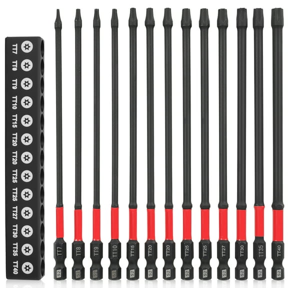13Pcs Tamper Proof Torx Bit Set Impact Torx Bits 6'' Long TT7-TT40 1/4'' Hex Shank S2 Alloy Steel Made Multiple Sizes High Strength for Mechanical Repair