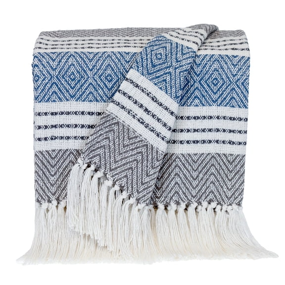 Nassau Collection Geometric Cotton Throw Blanket  - 50" x 60" - Charcoal Gray and Blue