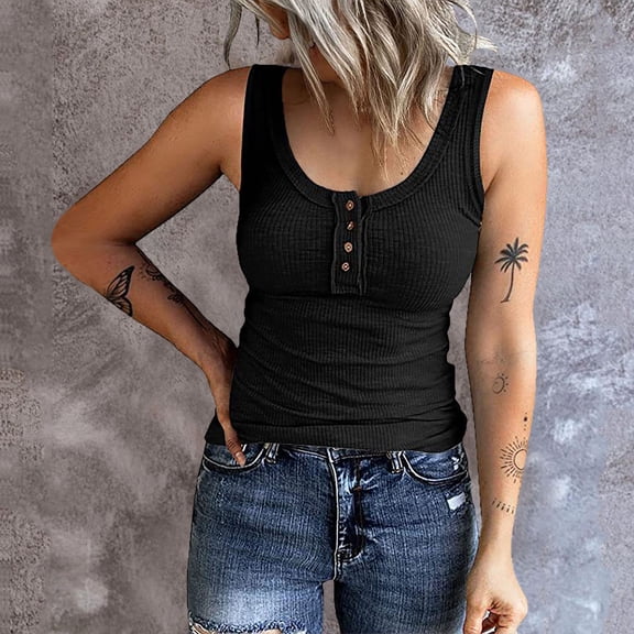 SHITINN Women Sleeveless Top Casual Round Knit Shirt Vest Neck Solid Splice Tanks Button Vest Dress Top 3 Pk Compression Shirt Fitness Tops for Women 1x Womens Tops Athletic Cropped Top Fitted Shirt