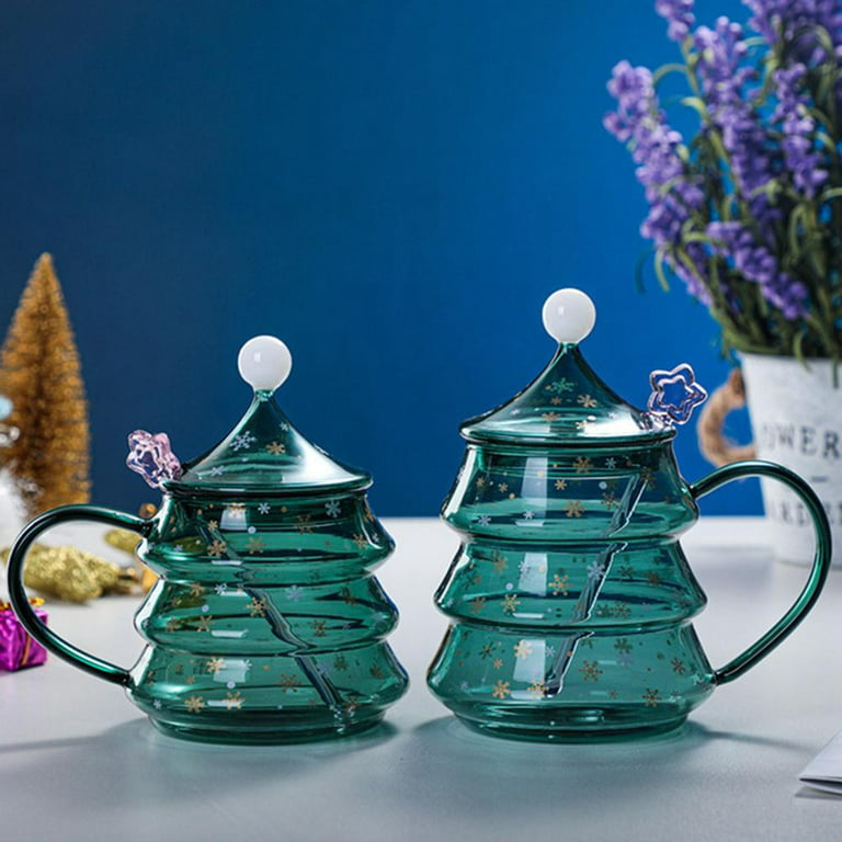 10oz Cute Christmas Tree Shaped Glass Coffee Mug Milk Tea Cup  Christmas Mug with Lid and Handle - China Glassware and Glass Cup price