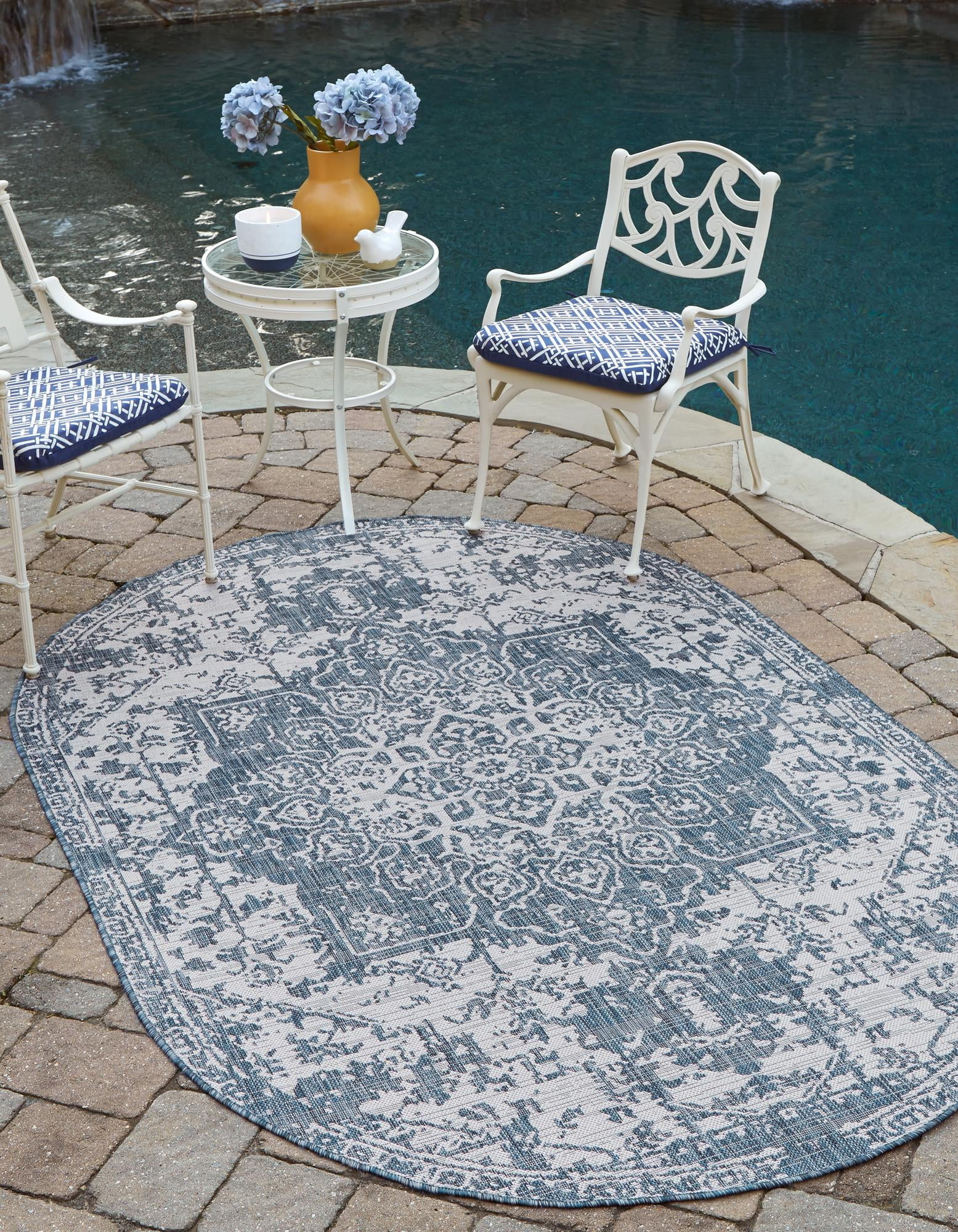 Rugs.com Jill Zarin Outdoor Collection Rug – 7' 10 x 10' Oval Blue ...