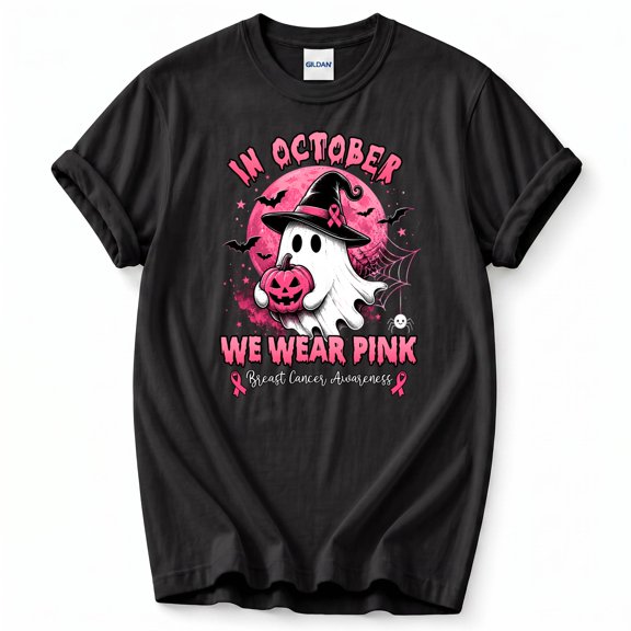 In October We Wear Pink T-Shirt – Halloween Breast Cancer Awareness – Unisex Fall Season