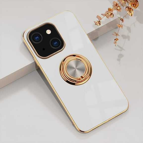 Compatible with iPhone 13 Ring Holder Stand Case Glitter Plating Rose Gold Edge 360 Rotation Kickstand for Women Slim Soft Flexible TPU Protective Cover Case - 6.1 Inch (2021), White