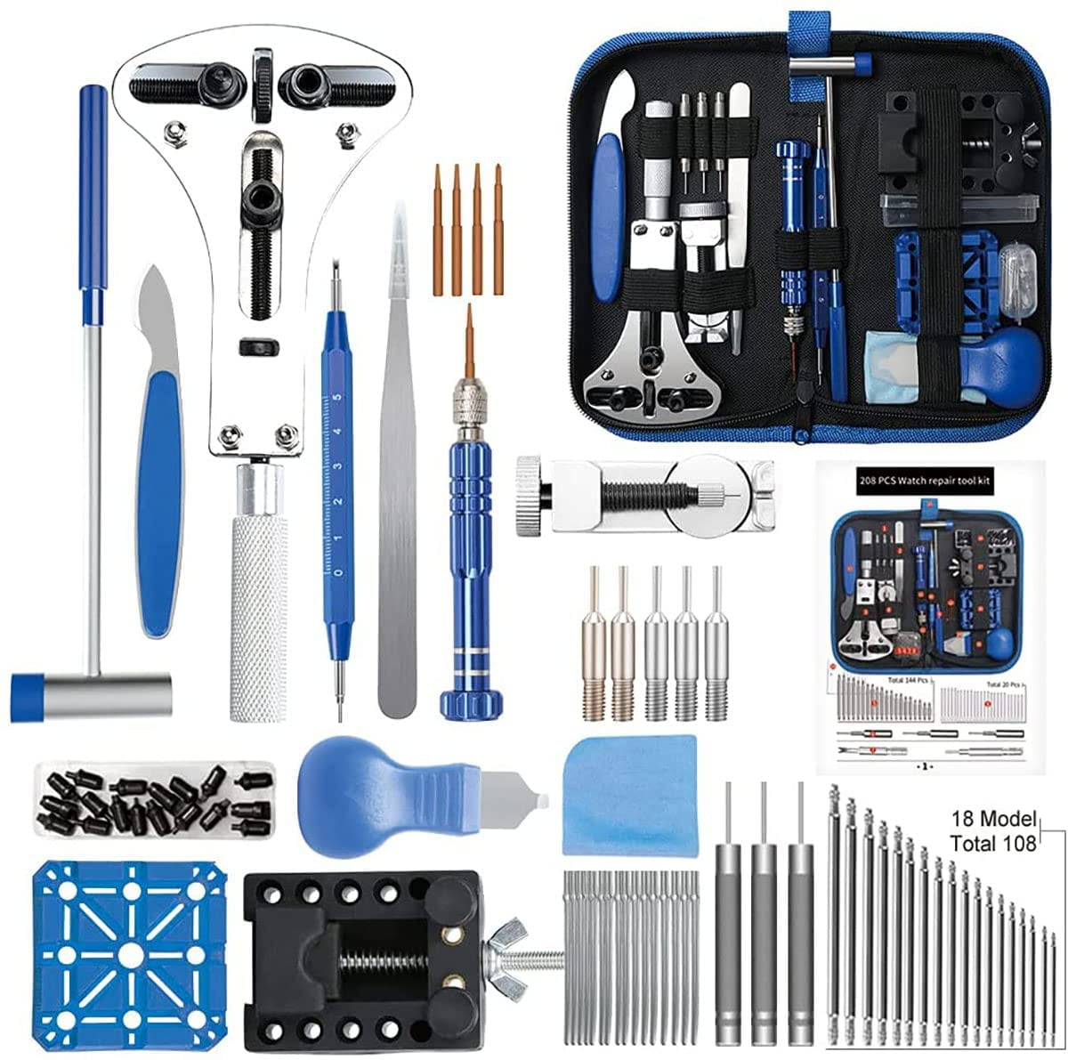 Kingsdun 208 Pcs Watch Repair Tool Kit, Professional Watch Opening Tool & Link Remover & Battery Replacement Repair Tools Kit with Carrying Case & Manual Blue