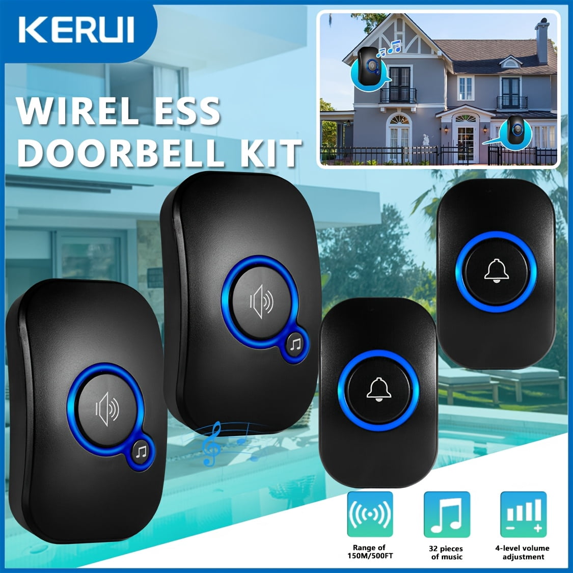 Long-range Smart Home Doorbell: 2-in-1 Design, 32 Melodies, 4 Volume Levels, LED Flash, Plug-and-Play, No Wiring, Black