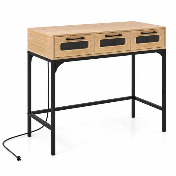 Furnibear Console Table with LED Lighting and Charging Station Entryway Table with Drawers for Living Room Hallway Sofa, Natural