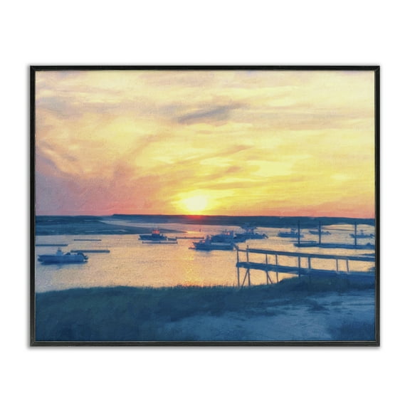 Stupell Industries Boats Illuminated at Sunset Landscape & Nature Painting Black Framed Art Print Wall Art, 14 x 11