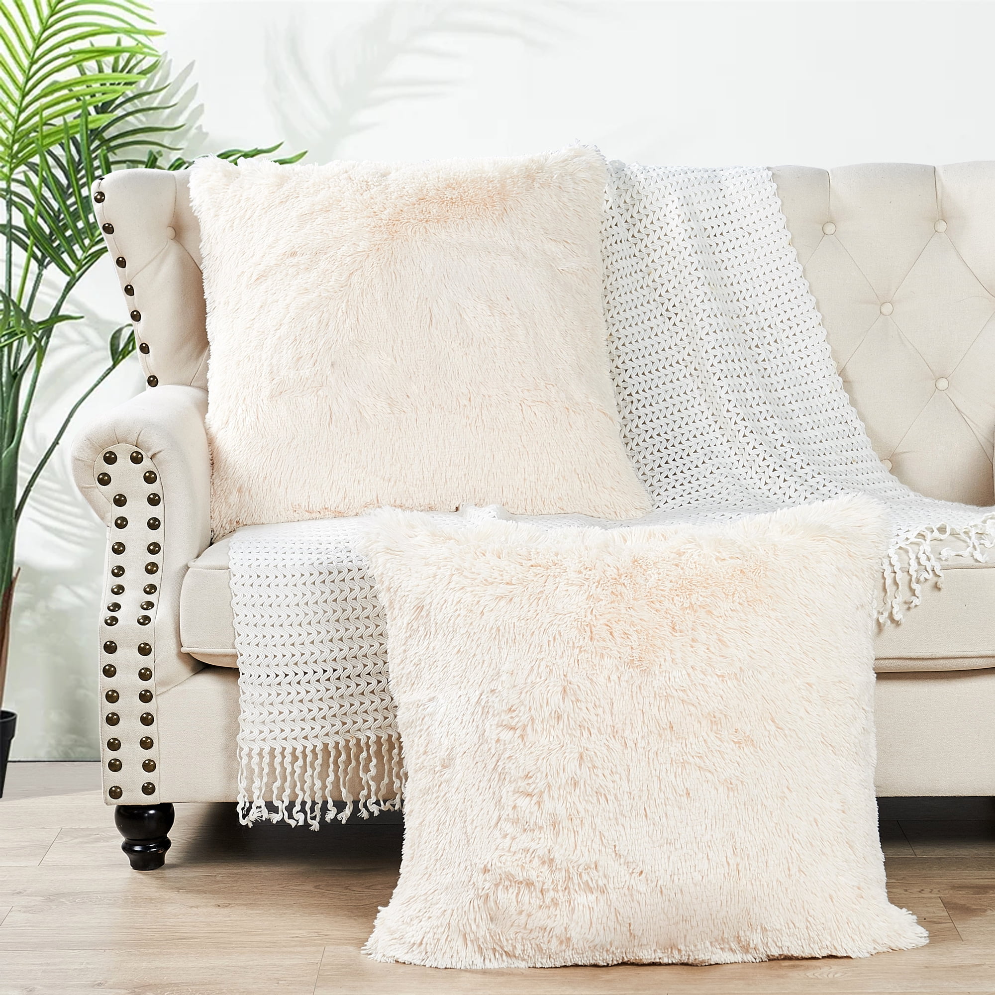 Home Soft Things Luxury Shaggy Faux Fur Throw Pillow Cases, Ultra Soft Plush Pillow Covers Fluffy Decorative Cushion Covers, No Pillow Insert, Set of 2, Ivory, 26x26 Inch