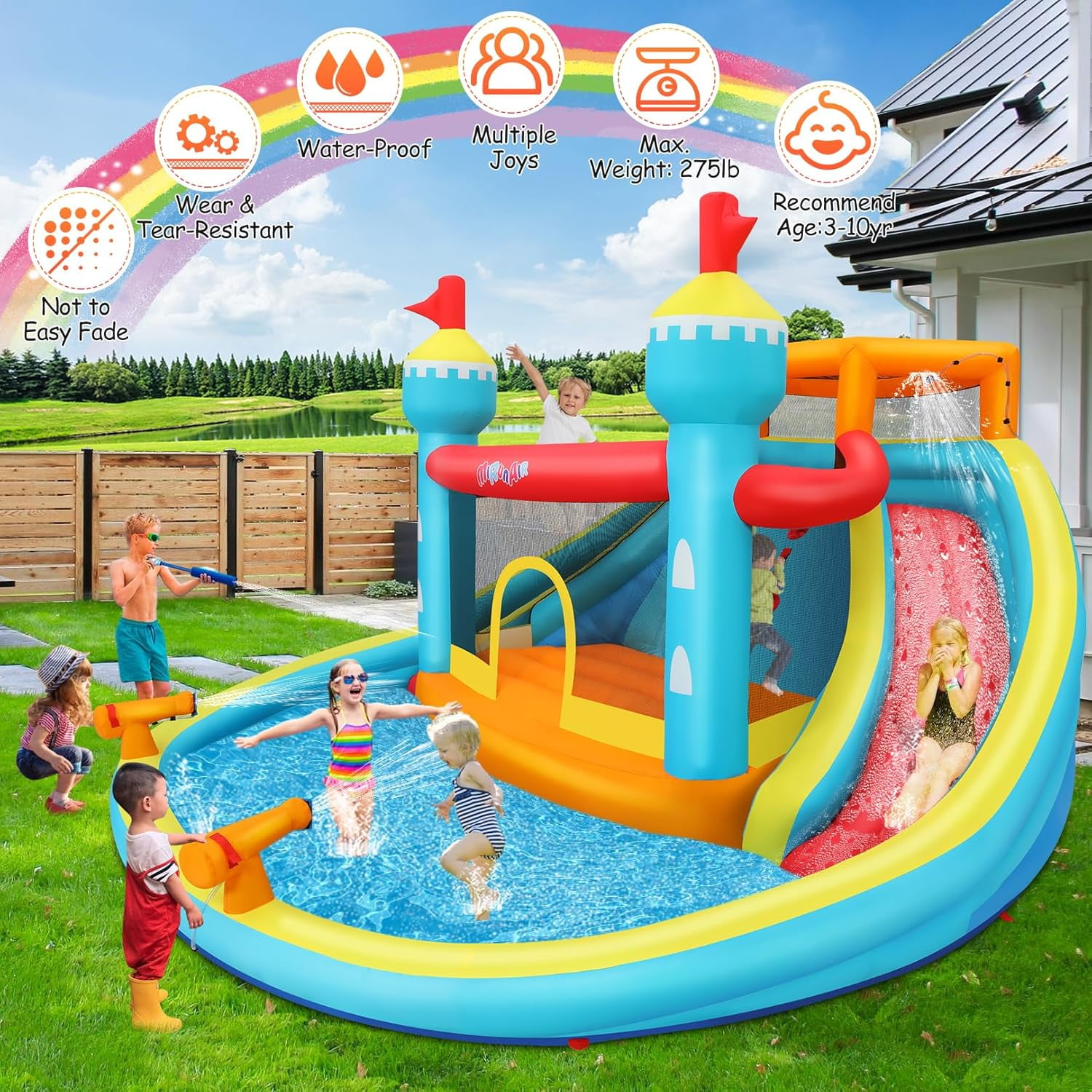 Adnoom 13.8FTx14.1FT Inflatable Pool Water Slide with Double Slides, Indoor Bounce House W/520W Blower,Jumpy House,climbing Wall&Water Cannon,Large Inflatable Water Park for Big Kids 3-10