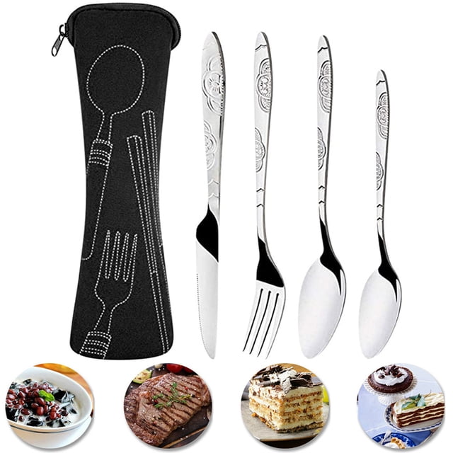 Travel Utensils with Case, 4pcs Stainless Steel Knives Spoons and Forks Set, Portable Home Utensils Camping Reusable Flatware Set