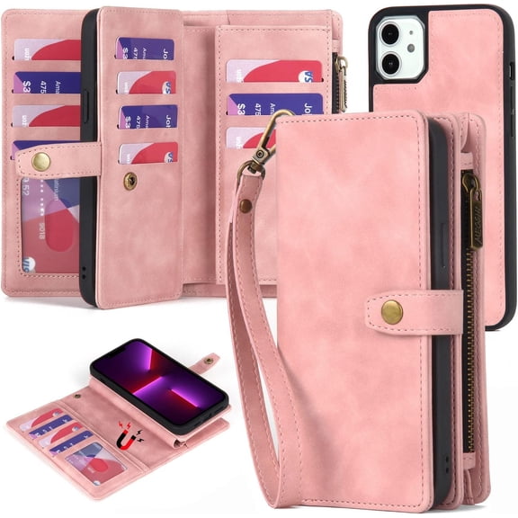 for iPhone 11 Wallet case with Card Holder & Detachable Magnetic Phone case, PU Leather case Wallet for Women/Men,Wallet Phone Case (Pink)
