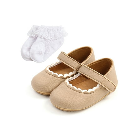 

SIMANLAN Baby Girls Mary Jane Comfort Flats First Walkers Crib Shoes Infant Breathable Princess Dress Shoe Toddler Bowknot Khaki with Socks 6C