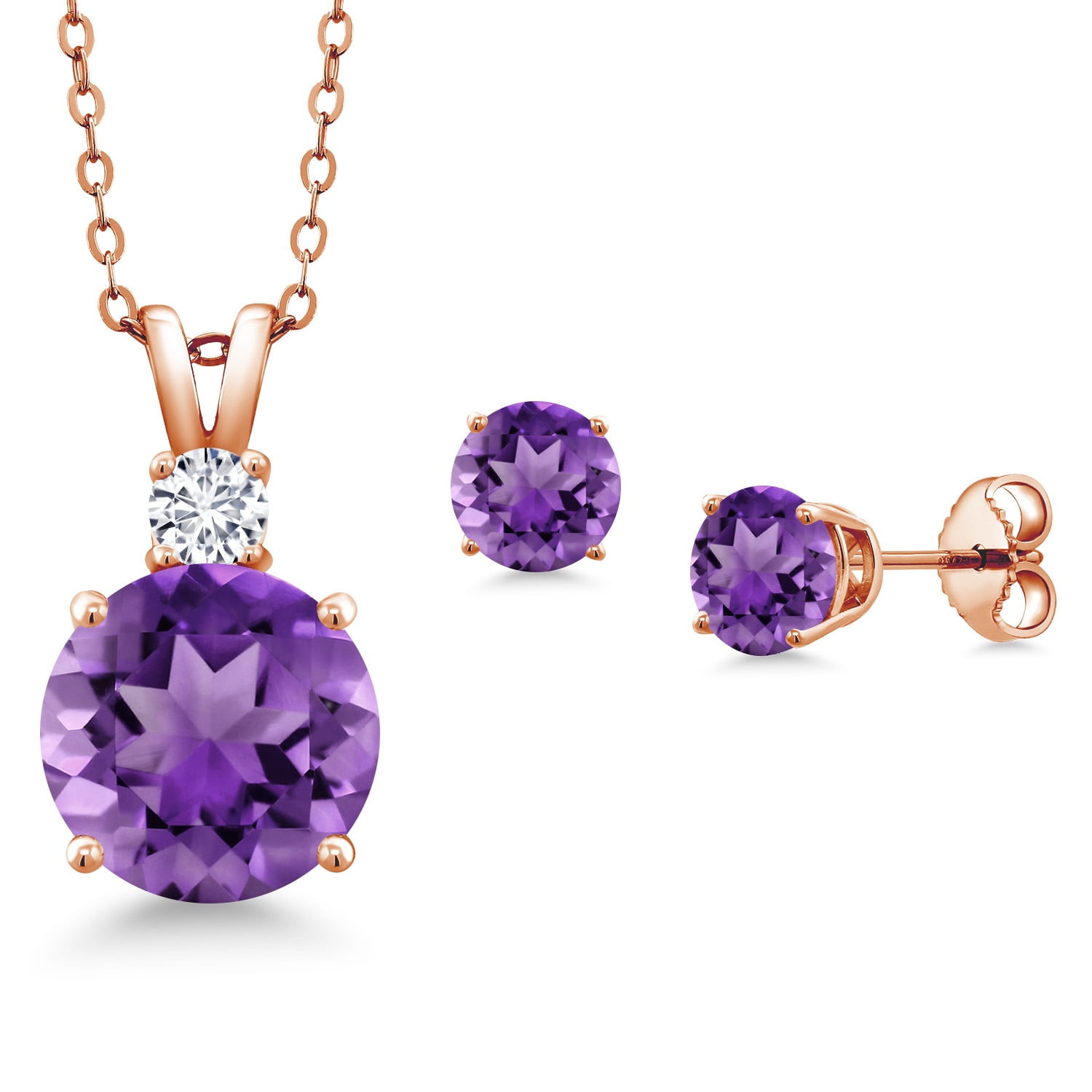 Gem Stone King 18K Rose Gold Plated Silver Round Purple Amethyst and G-H Lab Grown Diamond Pendant and Earrings Jewelry Set for Women (4.47 Cttw, Gemstone Birthstone, with 18 inch Chain)