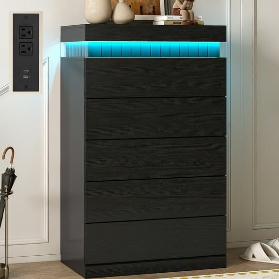 Tall Dresser with LED Light and Power Outlet, Modern 5 Drawers Floating Dressers, Chest of Drawer for Bedroom, Living Room, Hallway, Entryway, Black