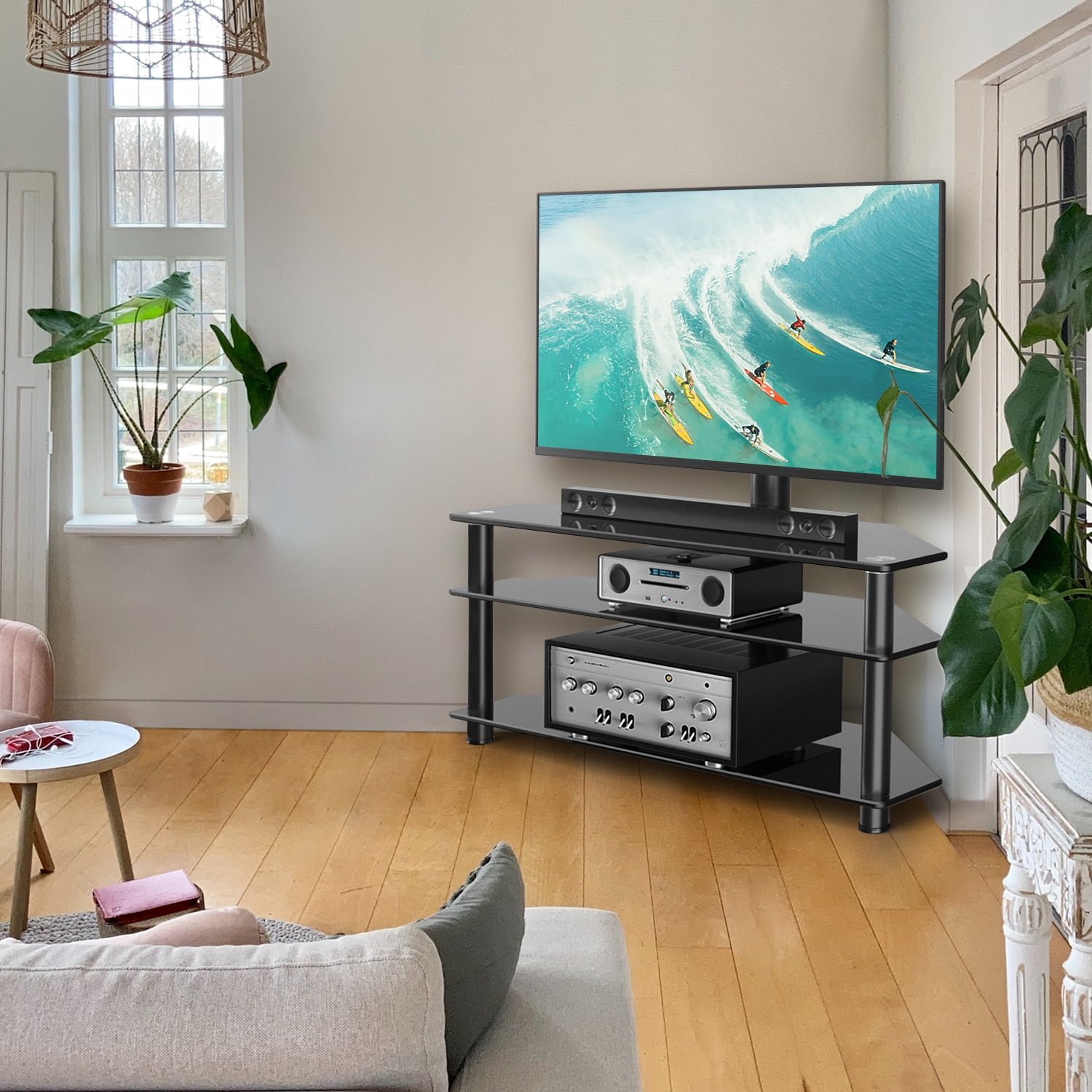 Modern Black Corner Glass TV Stand for TVs up to 70 inch with Mount