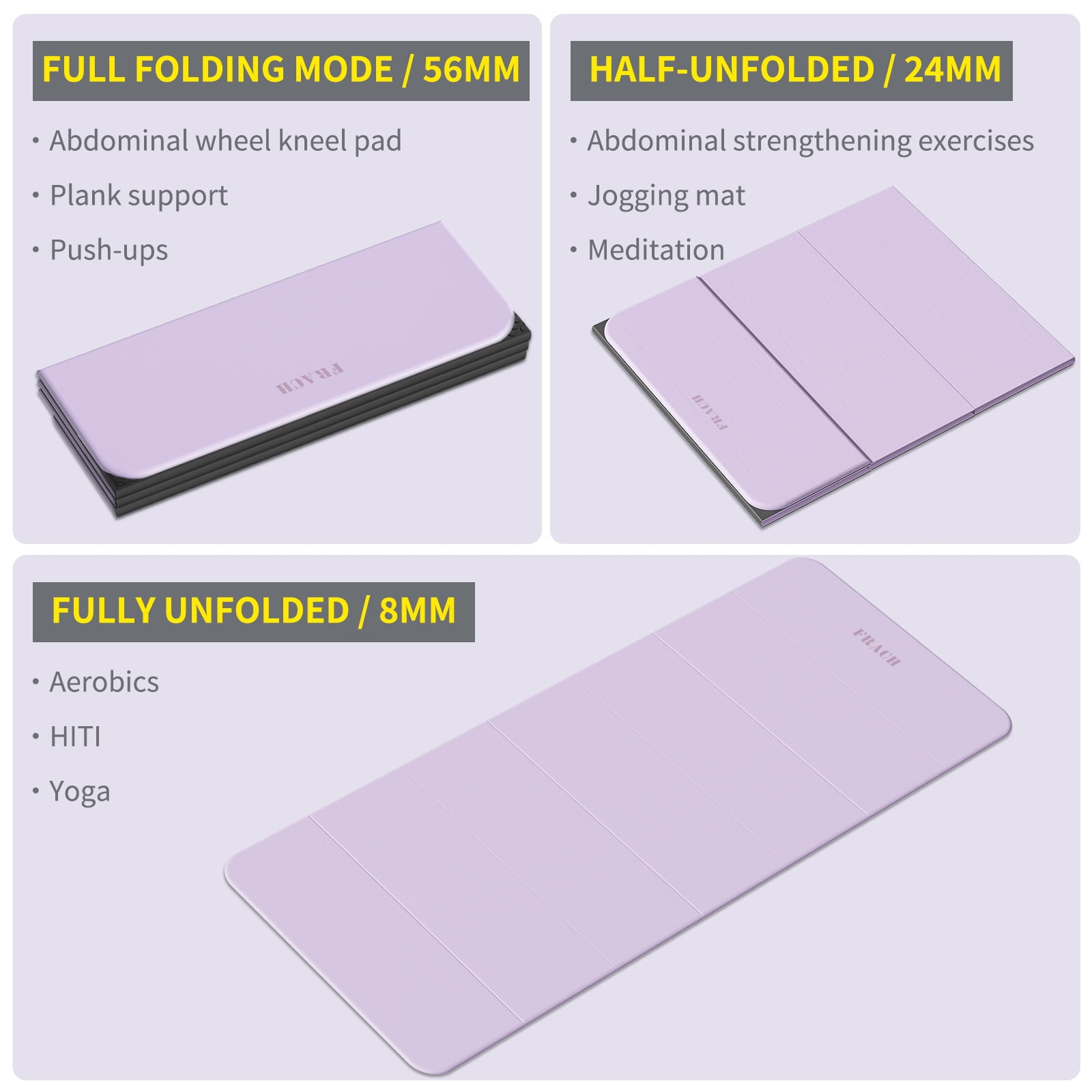 Frach Wide Foldable Yoga Mat Extra Large 75"x32" Fast-Folding & Versatile Use Non-Slip TPE for Workout & Home Gym (Light Purple+Black)