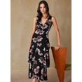 thumbnail image 5 of Black Floral Print V-Neck Sleeveless Ruffle Hem Maxi Dress, Lightweight Chiffon, Slimming Waist, Elegant Romantic Style, 5 of 7