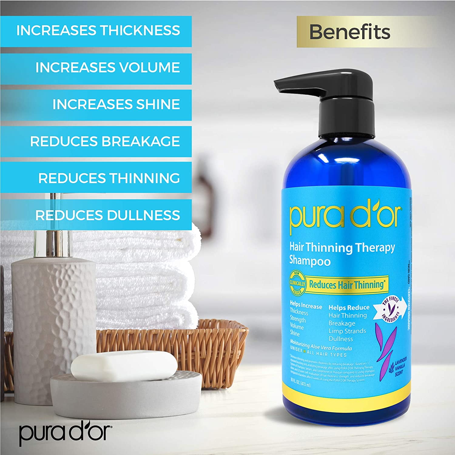 PURA D'OR Hair Thinning Therapy Biotin Shampoo LAVENDER VANILLA Scent 16 Fl Oz