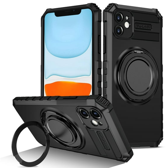 ELEHOLD for iPhone 12 6.1 Inch Magnetic Case [Compatible with MagSafe] Invisible Stand with Ring Kickstand,Military Grade Shockproof Full Protective Case,Black