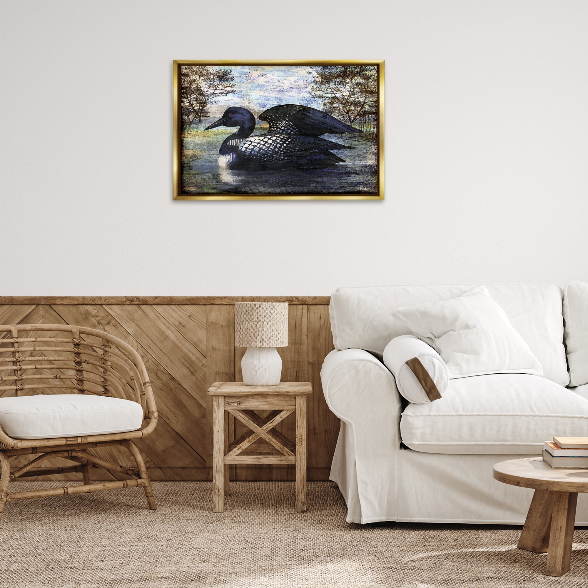 Stupell Industries Loon in Rustic Pond Animals Painting Gold Floater Framed Canvas Art Print Wall Art, 31 x 21