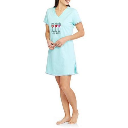 Sun, Moon & Stars Women's Cotton Short Sleeve V-Neck Sleepshirt with Embroidery