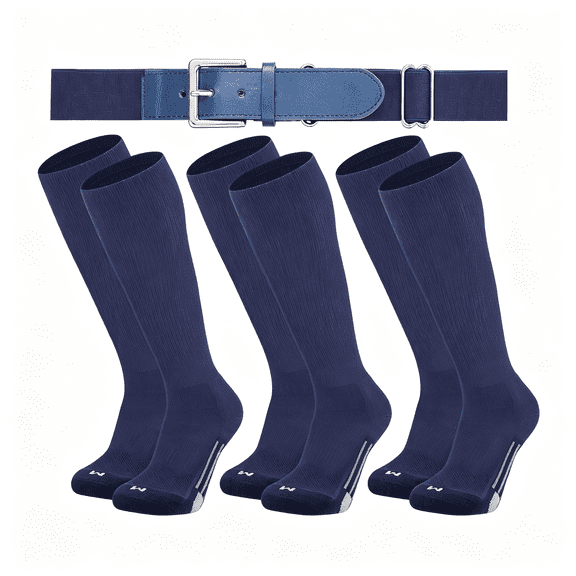 OQRKI Youth Elite Baseball/Softball Socks & Belt Combo (3 Pairs of Socks with 1 Belt) Navy Baseball Socks and Belt