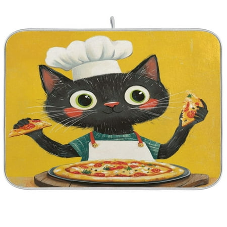 

WOBOGO Black Cat Eats Pizza Kitchen Drying Mat Heat Resistant Drainage with Non-Slip Rubber Backing Hides Stains Super Absorbent Easy to Clean 16×18in