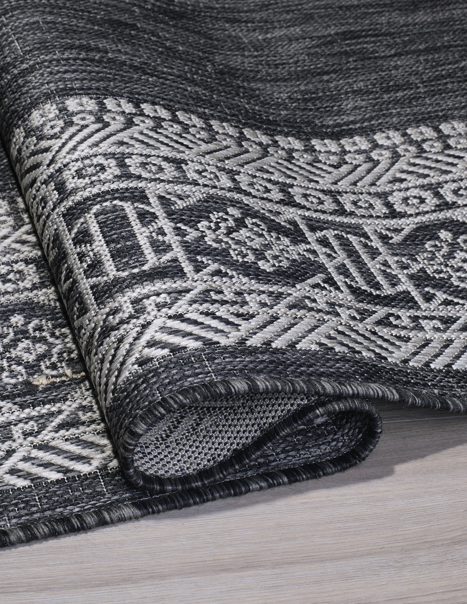 FH Home Flat Woven Outdoor Rug - Waterproof, Easy to Clean, Stain resistant - Premium Polypropylene Yarn - Bordered Moroccan -Porch, Deck, Balcony,Laundry Room - Accra - Charcoal - 2ft 7in x 4ft 11in