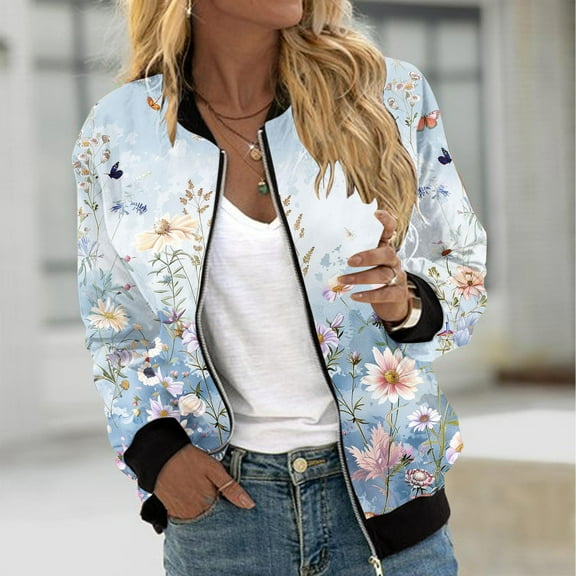 QATAINLAV Women's Bomber Jacket Lightweight Full Zip Up Jacket Floral Print Baseball Jacket Retro Moto Windbreaker Outerwear with Pockets Daily Deals of the Day Prime Today Light Blue XL