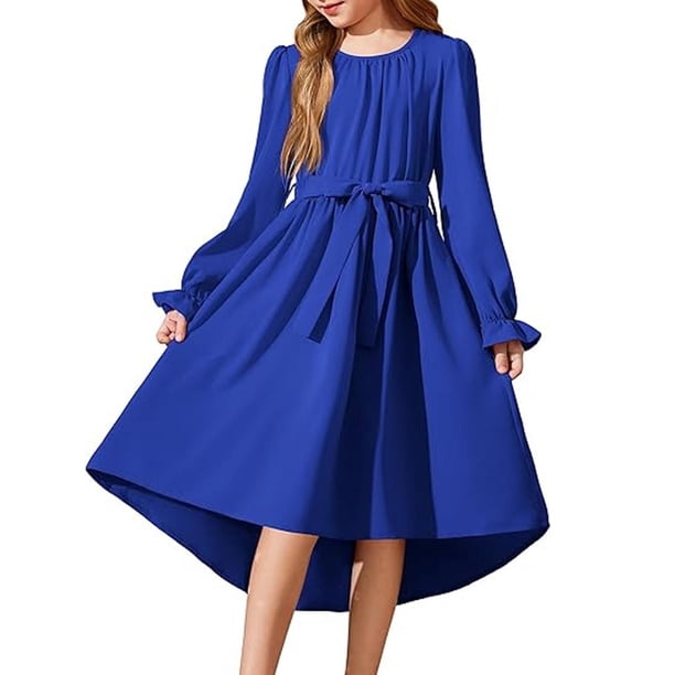 Vestido Largo de Manga Larga de Moda Y Cómodo Color Sólido con Cinturón para las Niñas, Falda Plisada para el Vestido de Cumpleaños para las Niñas