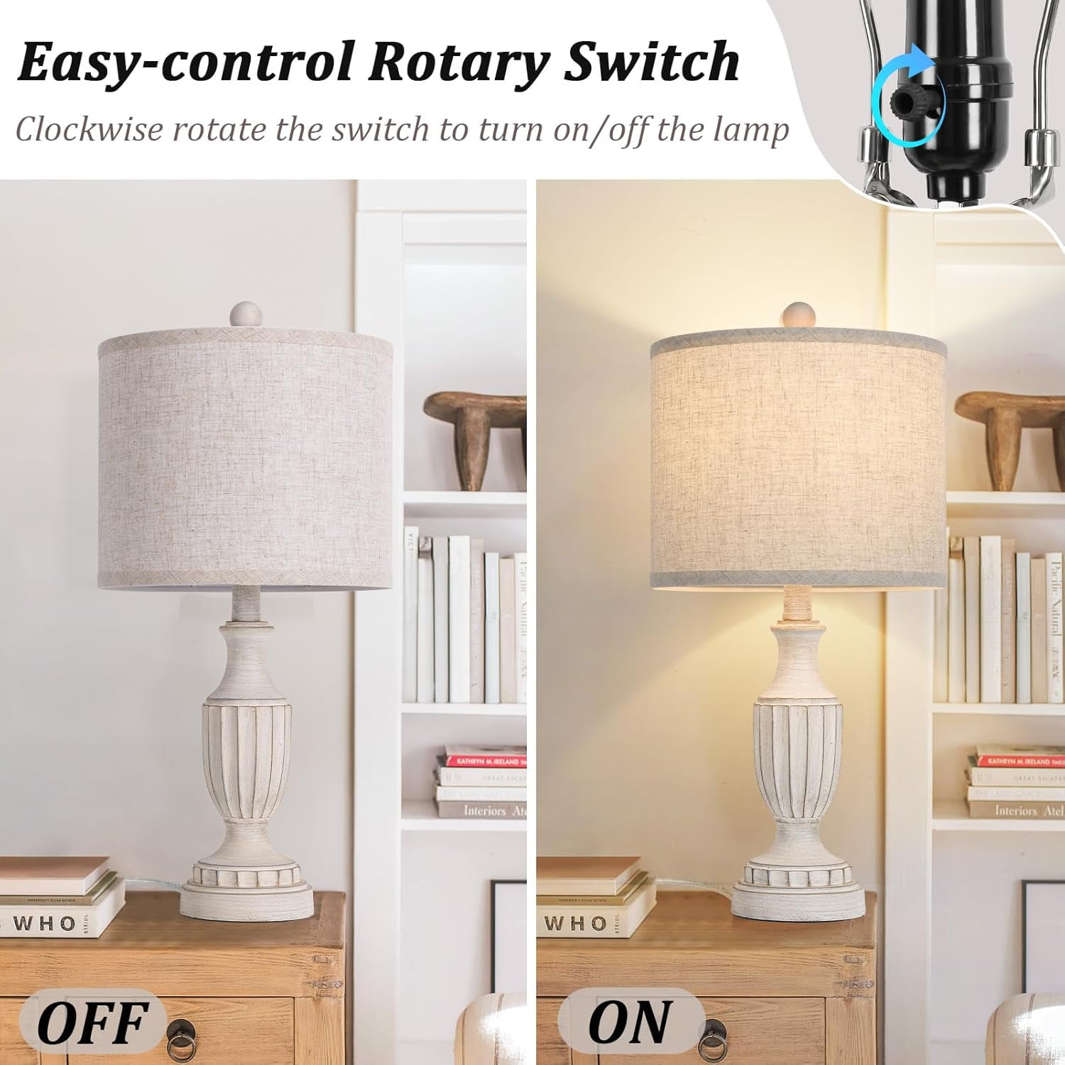 Nordic Hygge Set of 2 White Rustic Vintage Table Lamps for Living Room Bedroom