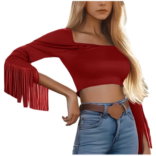 HongQid Fringe Tops for Women Western Cowgirl Fall Long Sleeve with Tassels Stretchy Crop Shirts Blouses