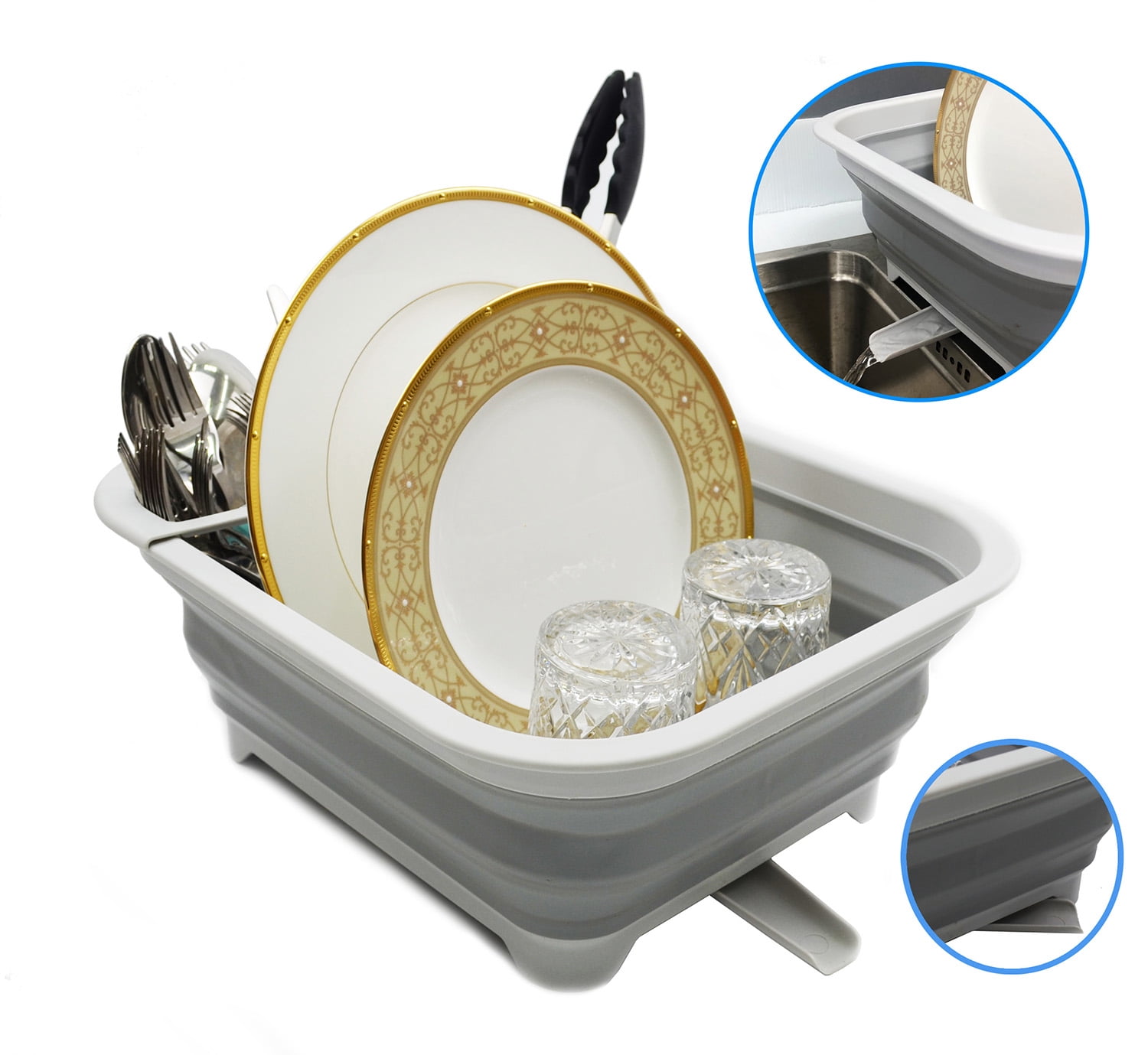 SAMMART Collapsible Dish Drainer with Swivel Spout - Foldable Drying Rack - Portable Dinnerware Organizer - Space Saving Kitchen Storage Tray