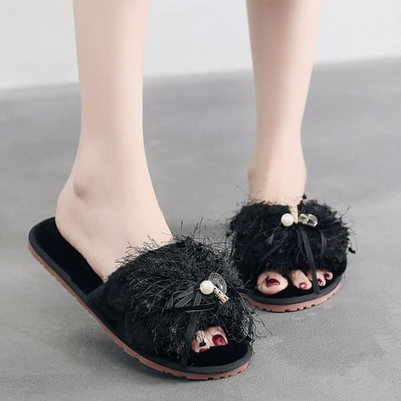 

YTJX Women Home Slip-On Furry Flat Home Plush Bow Open Toe Keep Warm Slippers Shoes