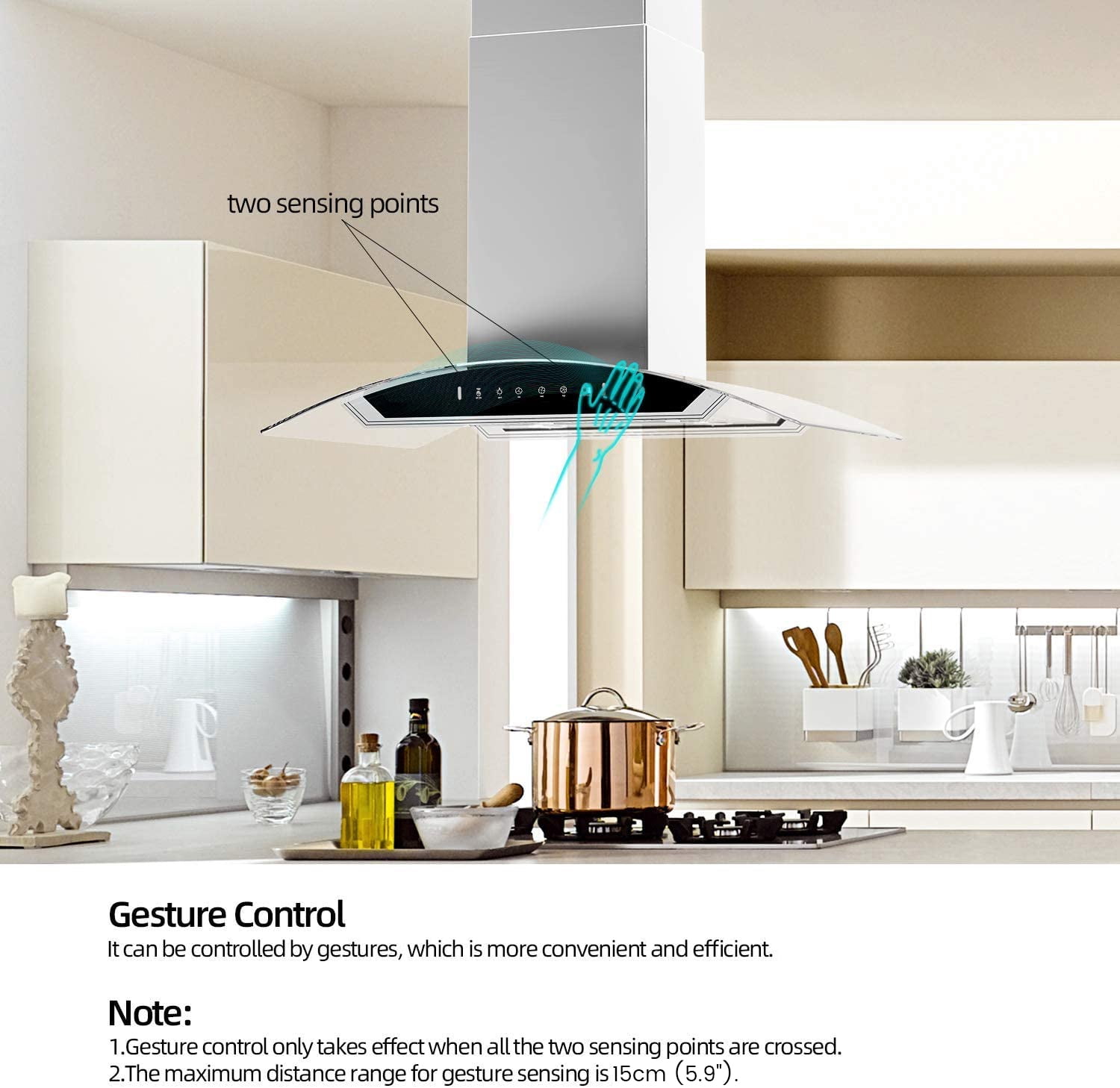 VIKIO 30 Inch Island Range Hood 900 CFM Stainless Steel Curved Glass Kitchen Vent Hood with Gesture Control Dual Side Touch Panel 4 LED Lights ETL Certified