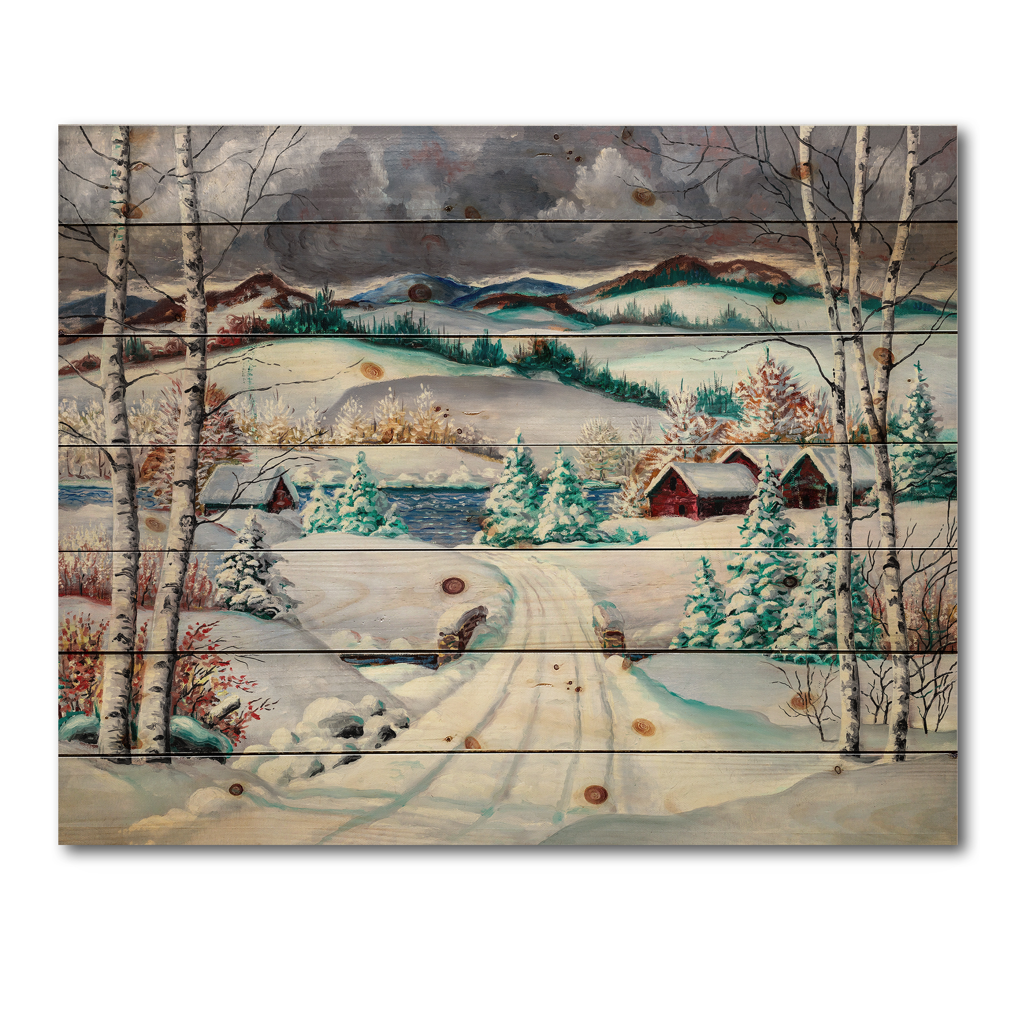Designart 'Snowy Road In Countryside Winter Landscape' Traditional Print on Natural Pine Wood