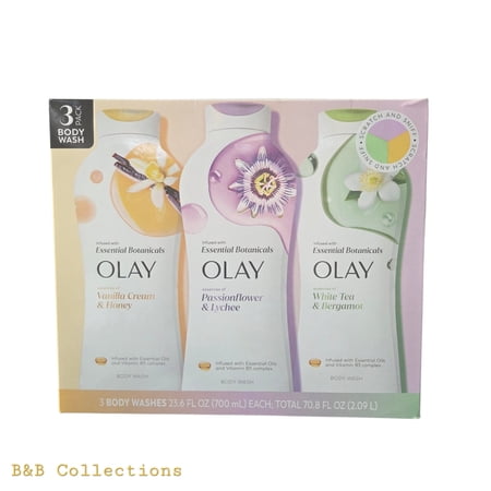Olay Essential Botanicals Body Wash Variety Pack  Vanilla Cream & Honey  Passionflower & Lychee  White Tea & Bergamot  23.6 fl oz Each  3 Pack