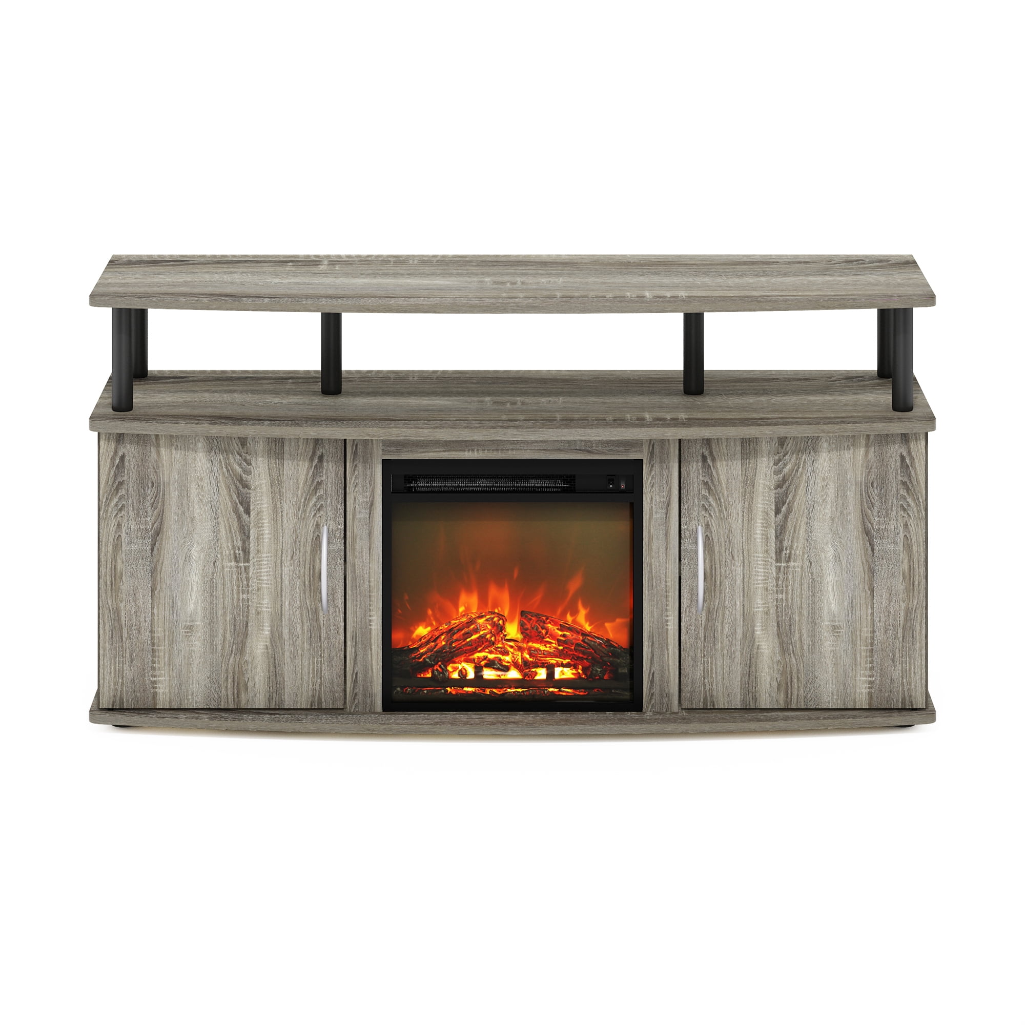 Furinno Jensen Living Room Fireplace Entertainment Center with Doors Storage Cabinet for TV up to 55 Inch, French Oak Grey/Black