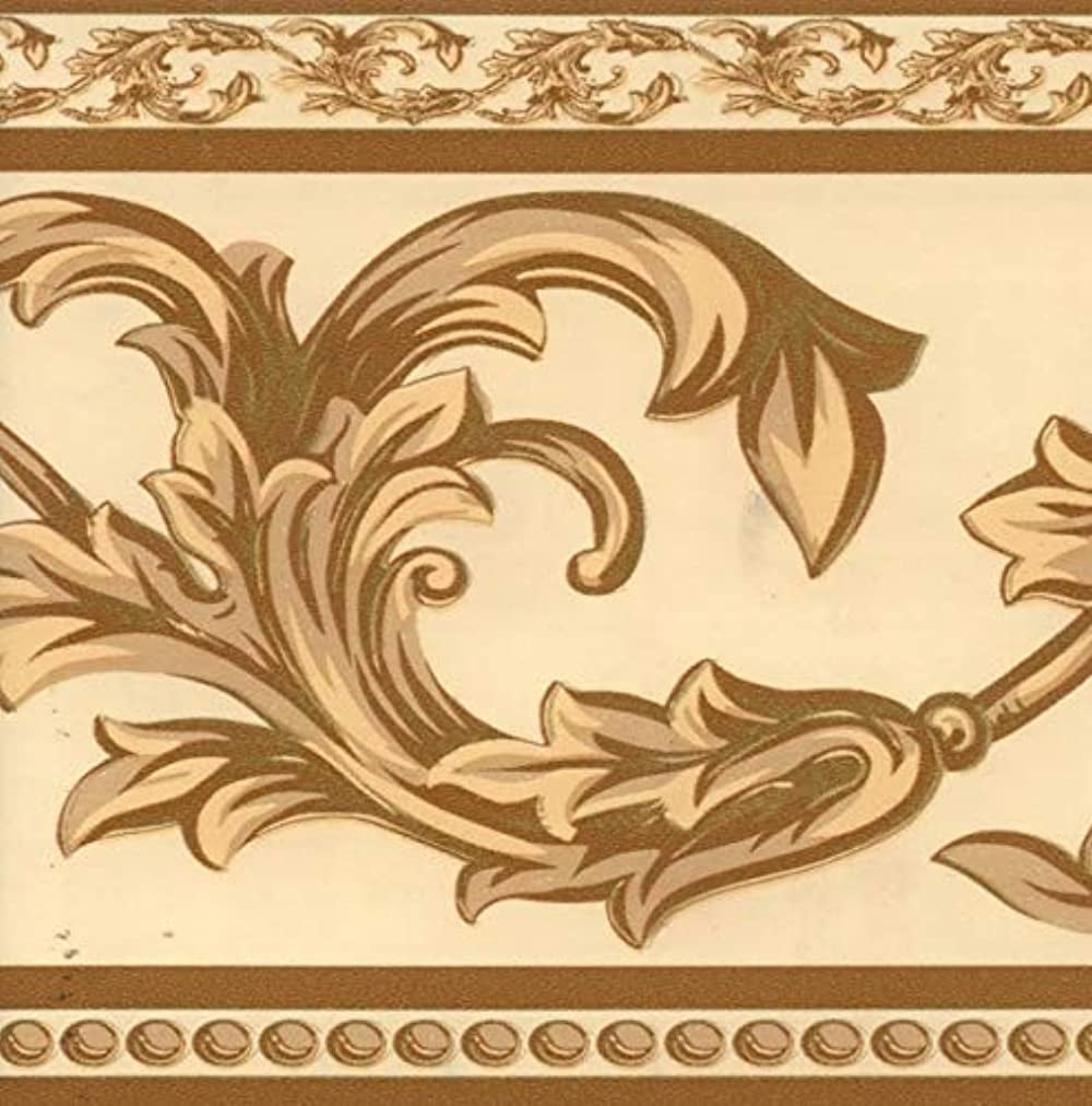 Dundee Deco BD3208 Peel and Stick Coffee with Cream Grey Green Vines Beige Damask Wallpaper Border Retro Design Roll 33 ft x 4 in 10m x 10cm Self Adhesive