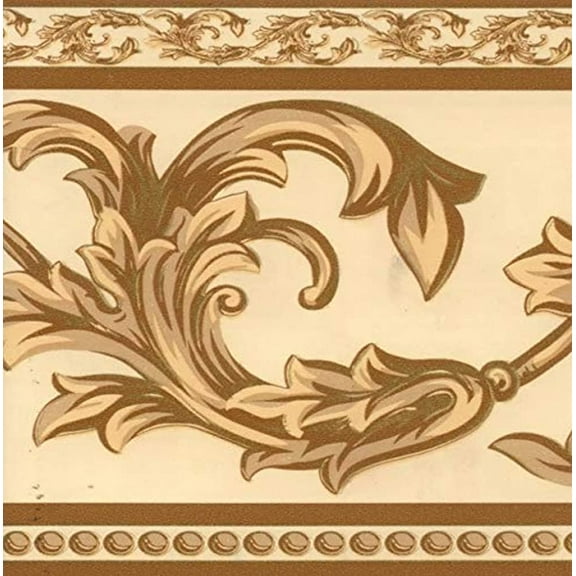 Dundee Deco BD3208 Peel and Stick Coffee with Cream Grey Green Vines Beige Damask Wallpaper Border Retro Design Roll 33 ft x 4 in 10m x 10cm Self Adhesive