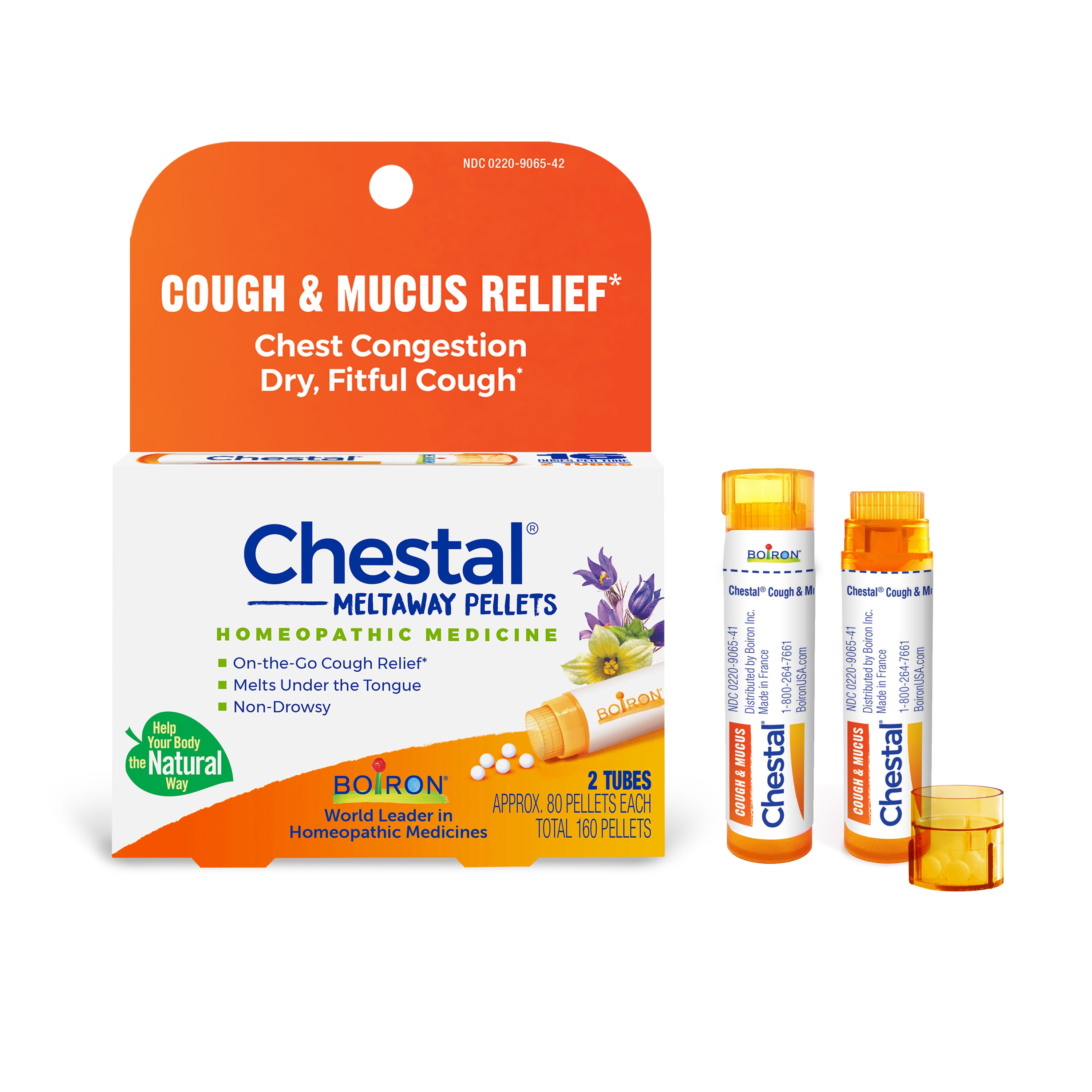 Boiron Chestal Pellets, Homeopathic Medicine for Cough & Mucus Relief, Chest Congestion, Dry, Fitful Cough, 2 x 80 Meltaway Pellets